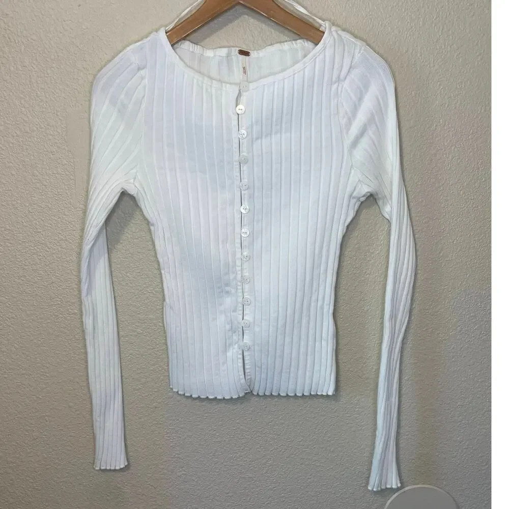 Free People Tilly Knit Ribbed Fitted Button Up Long Sleeve Top White Large Boho